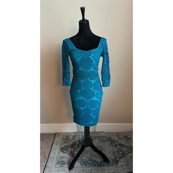 FREE PEOPLE INTIMATELY Women's Cut Teal Stretch Bodycon Midi Dress Size M/L - Picture 2 of 8